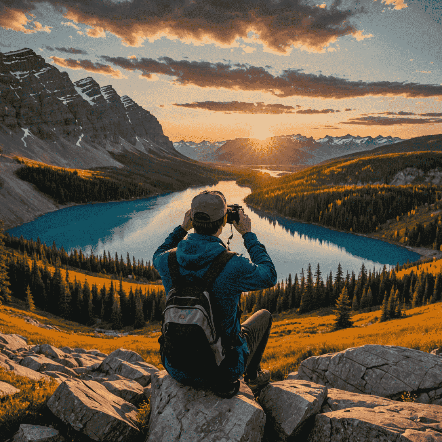 Panoramic view of a professional photographer capturing a stunning Canadian landscape at sunset, showcasing the beauty and diversity of the country