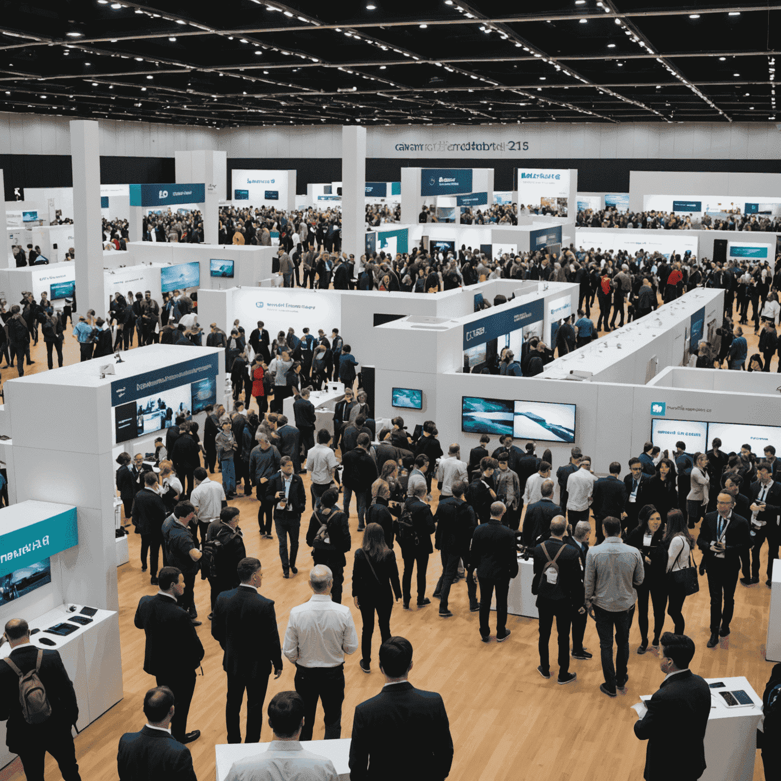 A panoramic view of the hannied_conference exhibition hall, showcasing various camera brands and their latest technologies. The image captures the bustling atmosphere with attendees examining new camera models and engaging with product demonstrations.