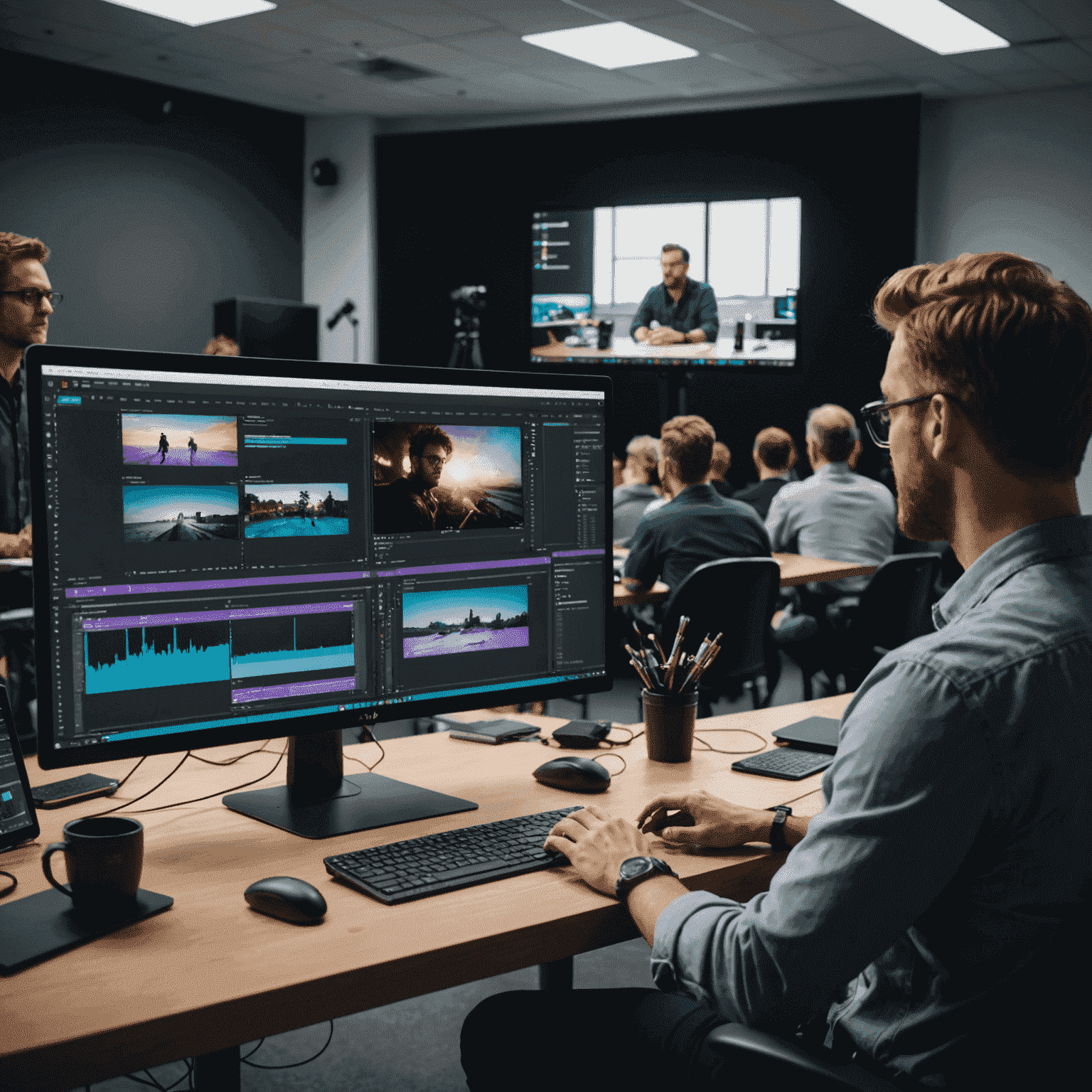 A professional video editor demonstrating advanced techniques in Adobe Premiere Pro on a large screen, with conference attendees watching intently in a modern, well-lit workshop space