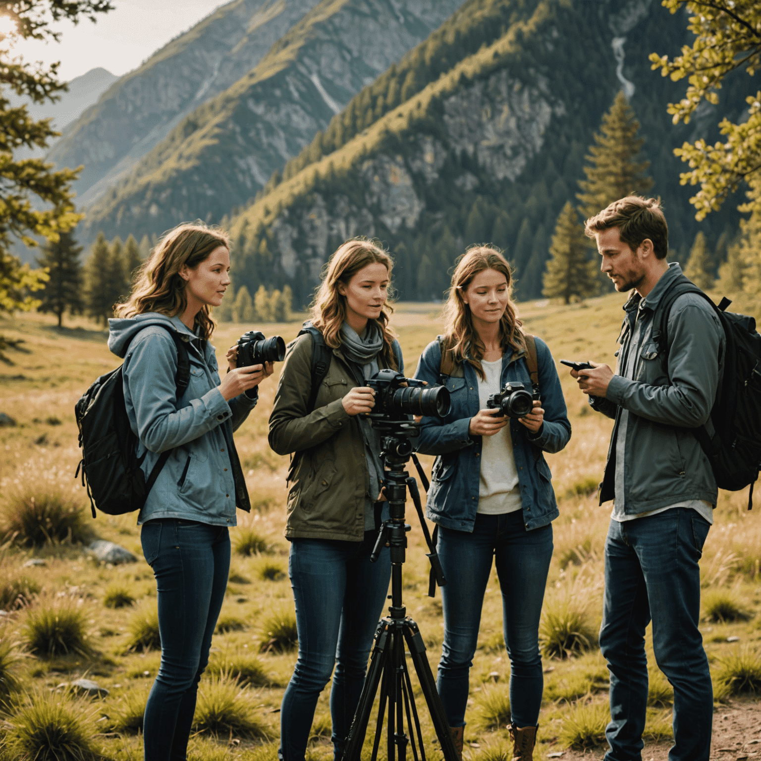 A group of people learning photography techniques, adjusting camera settings, and composing shots in a scenic outdoor location