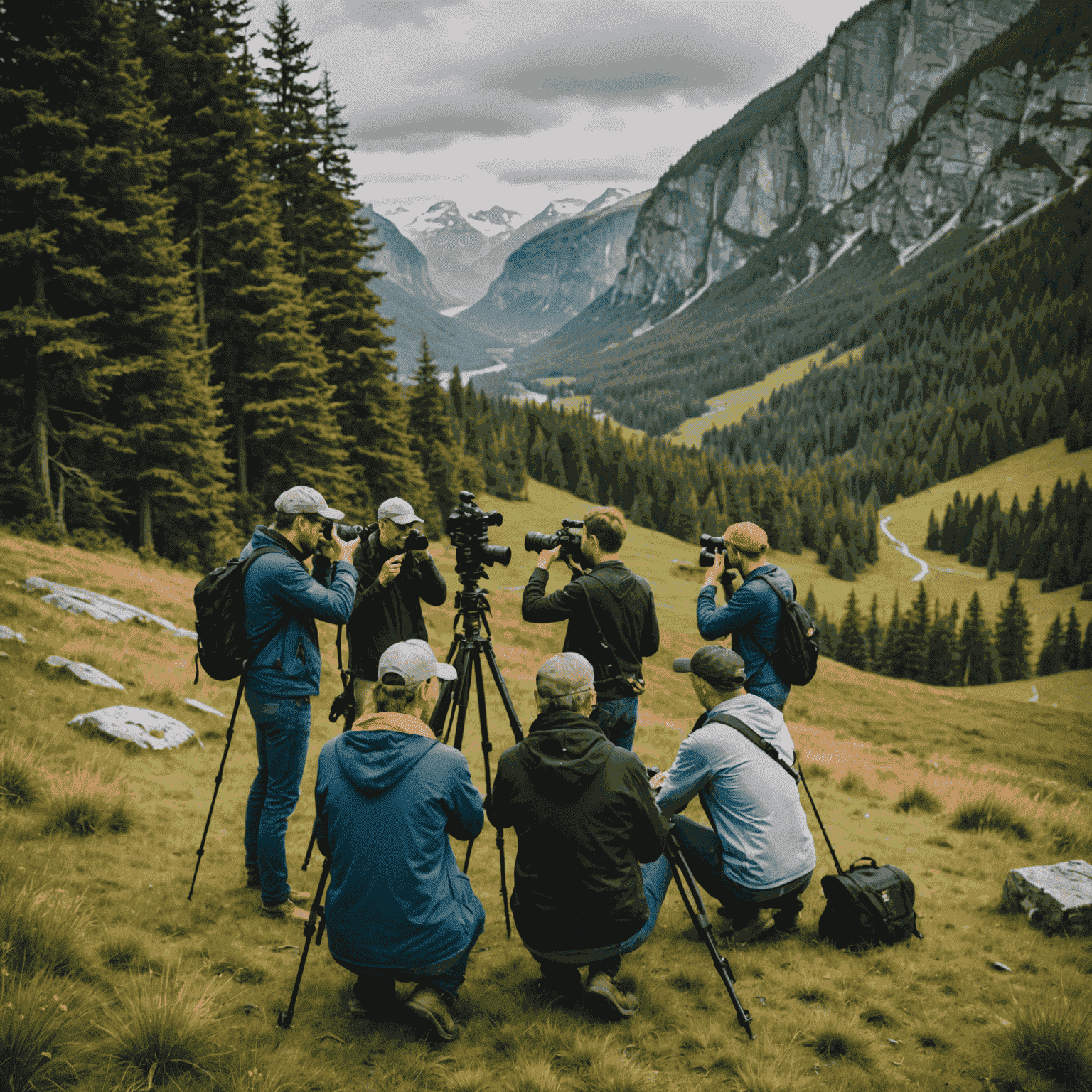 A group of photographers learning about composition, framing a scenic landscape through their cameras