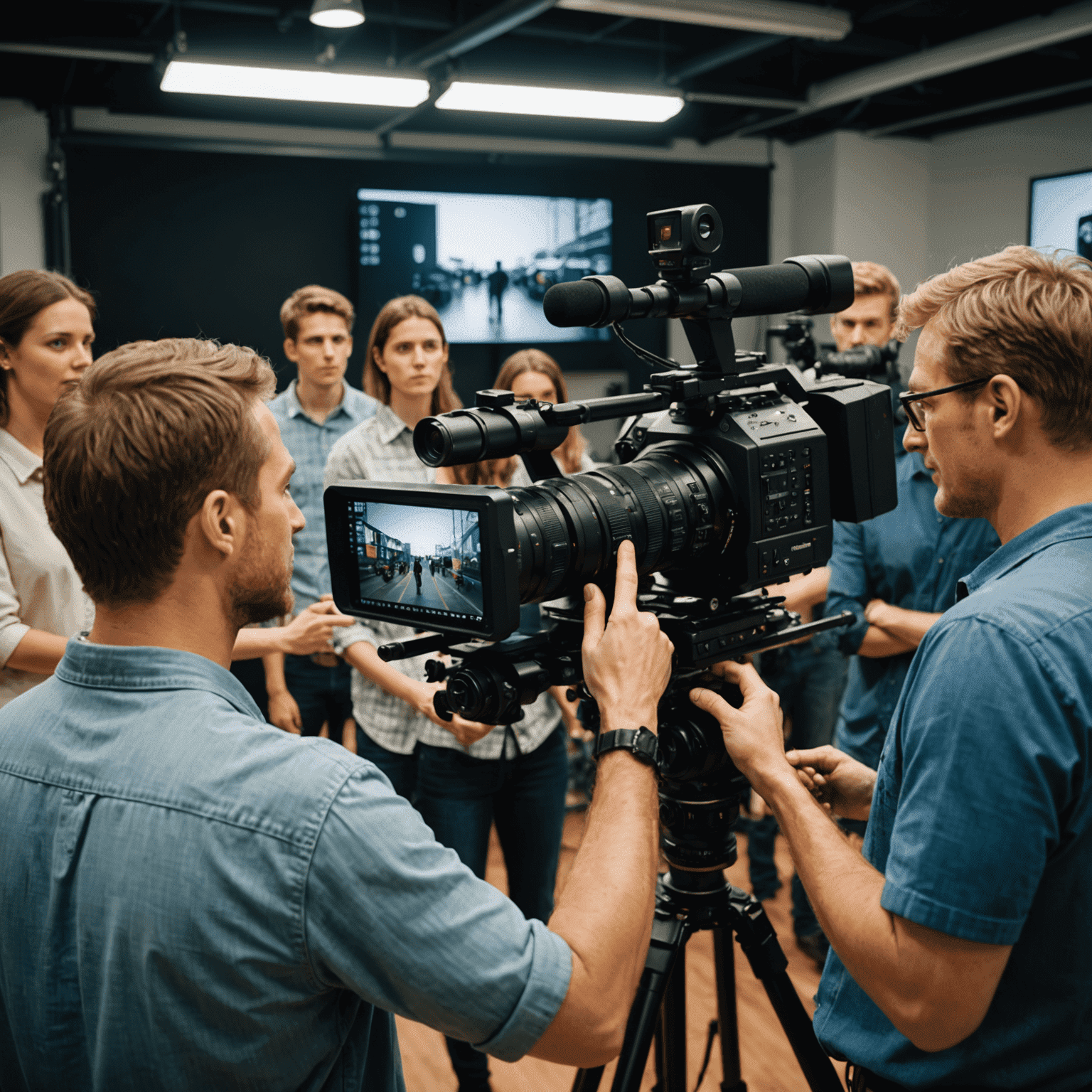 A professional videographer demonstrating advanced camera techniques to a group of attentive students in a well-equipped studio setting. The image showcases various high-end cameras, lighting equipment, and a large screen displaying video footage.