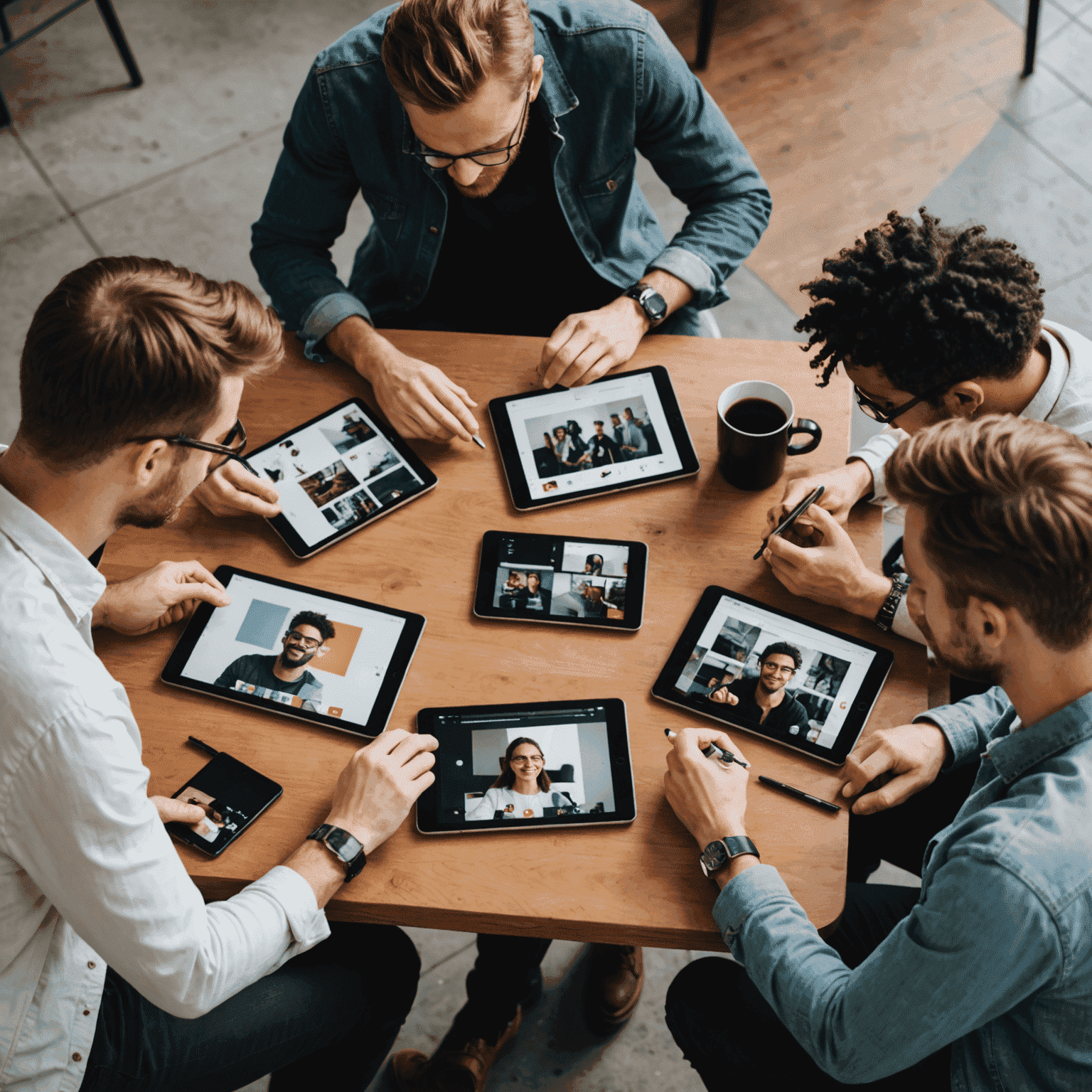 A group of content creators collaborating on a visual project, using tablets and cameras to create engaging social media content