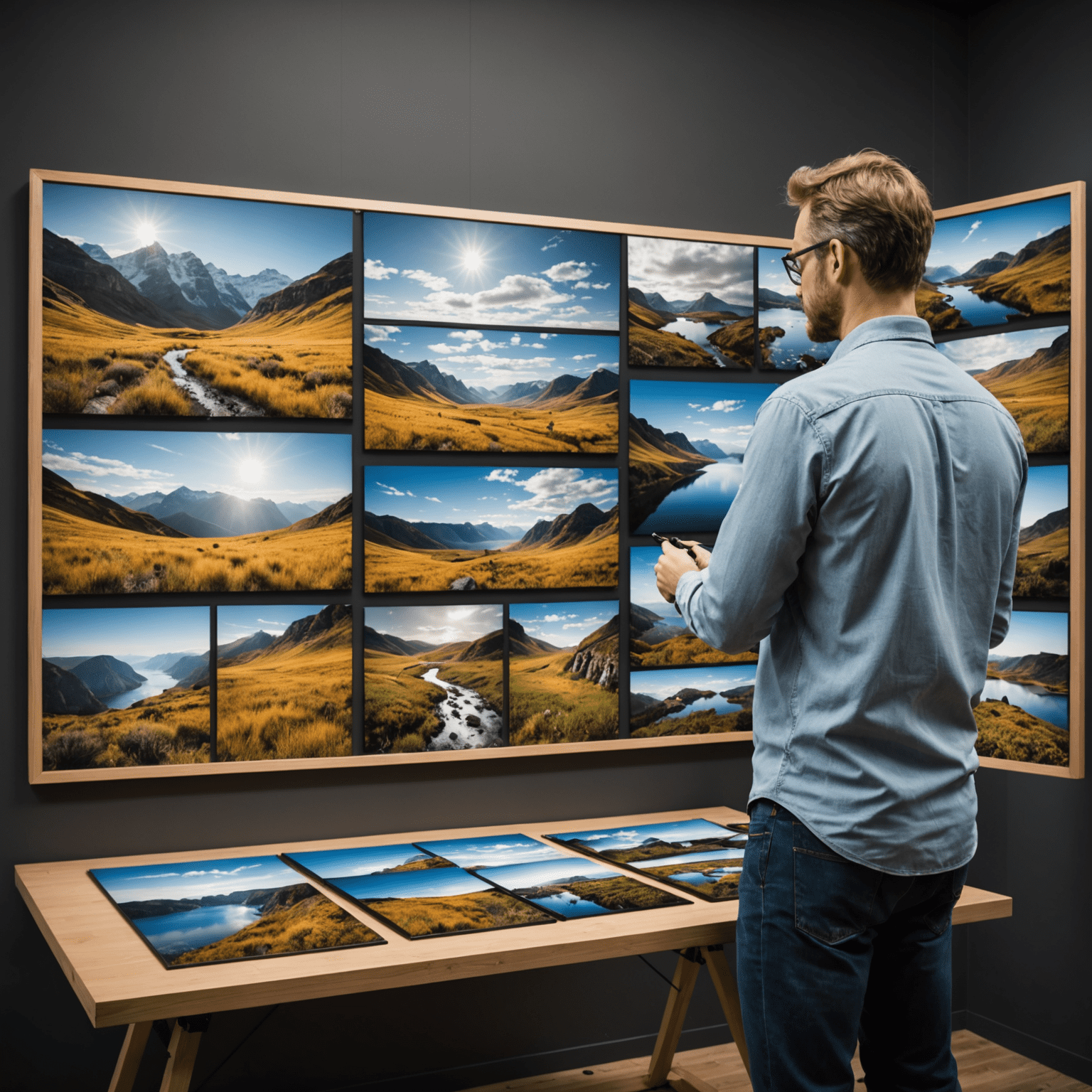 A professional photographer arranging a collection of stunning landscape and portrait photographs on a large display board, showcasing various styles and techniques