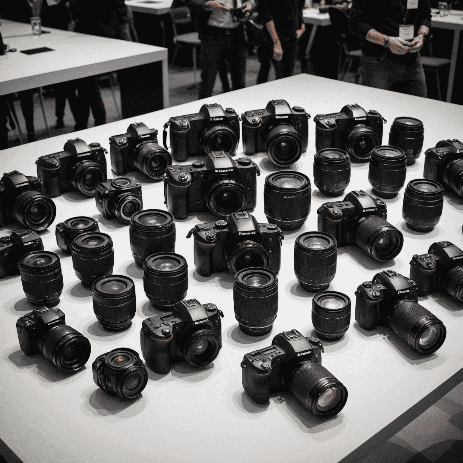 Various new camera models including DSLRs and mirrorless systems, with innovative lenses displayed on a sleek, modern table at the hannied_conference