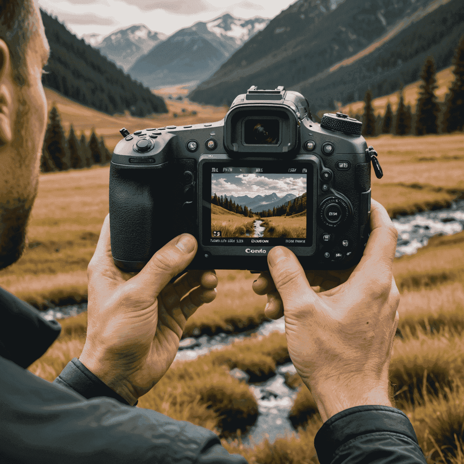 A close-up of a photographer's hands holding the latest DSLR model, showcasing its ergonomic design and advanced control layout. The camera's large, high-resolution LCD screen displays a crisp preview of a landscape scene.