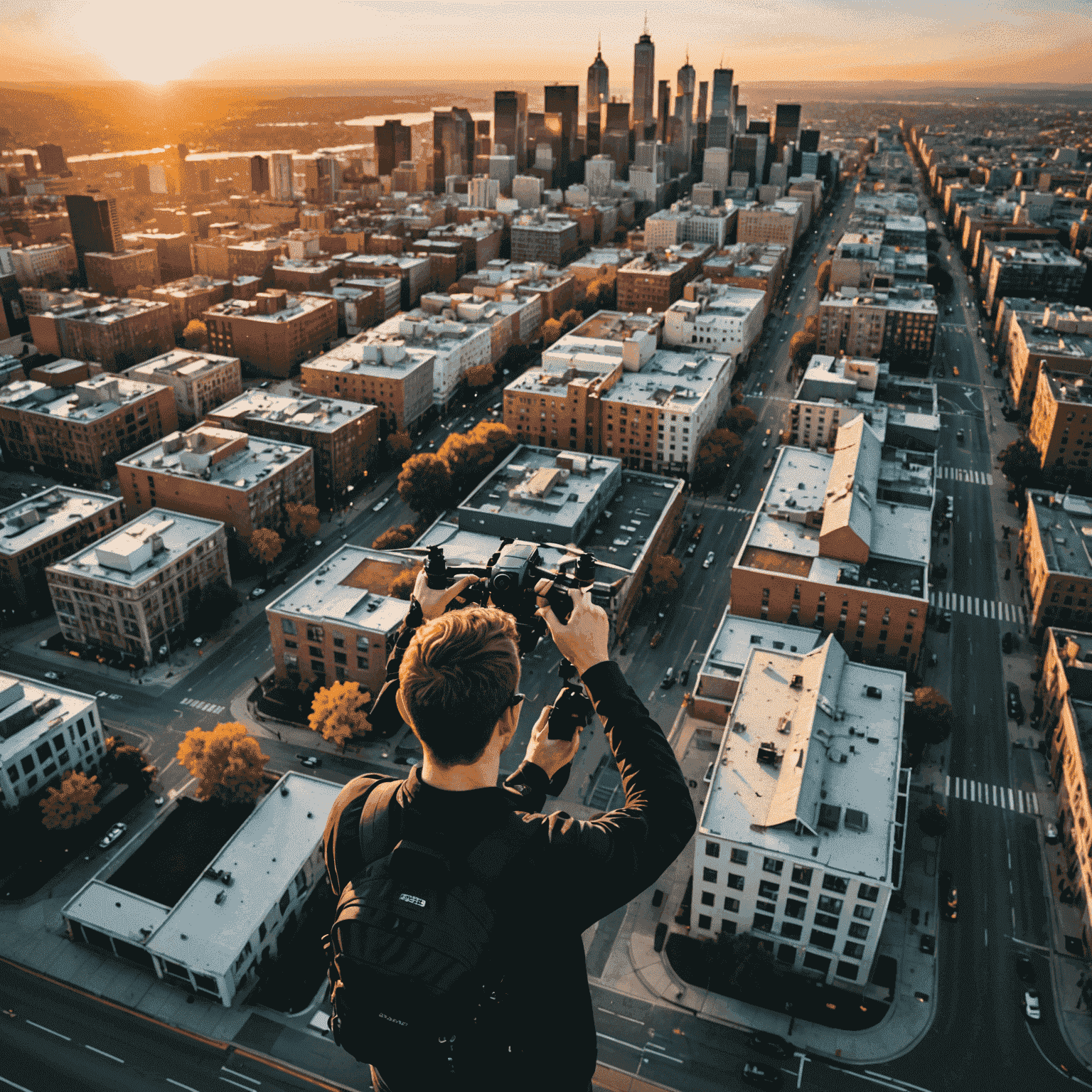 A photographer using a drone to capture aerial footage of a vibrant cityscape at sunset, showcasing innovative perspectives in visual storytelling