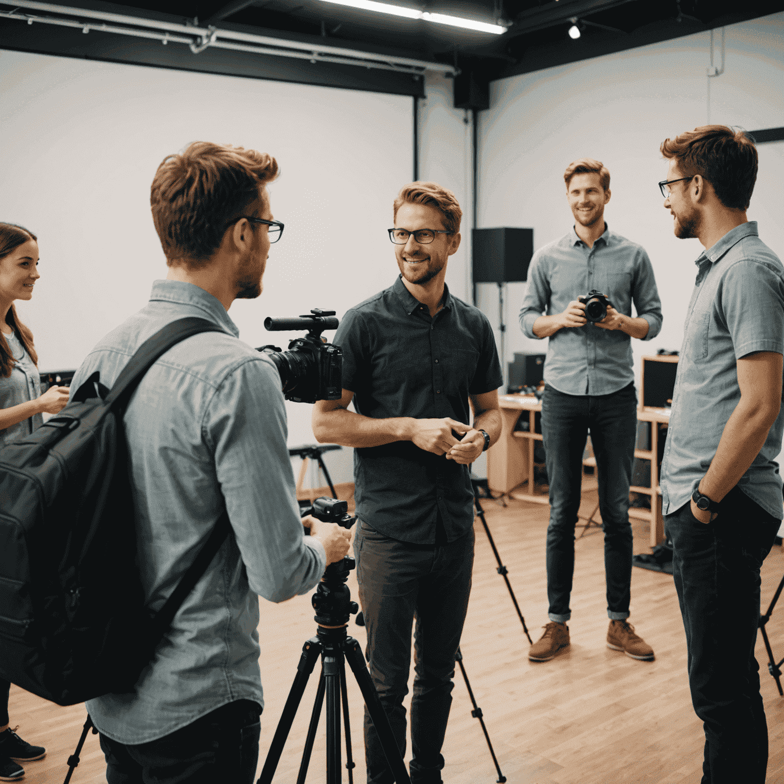 A professional videographer demonstrating camera movement techniques to a group of attentive students in a studio setting