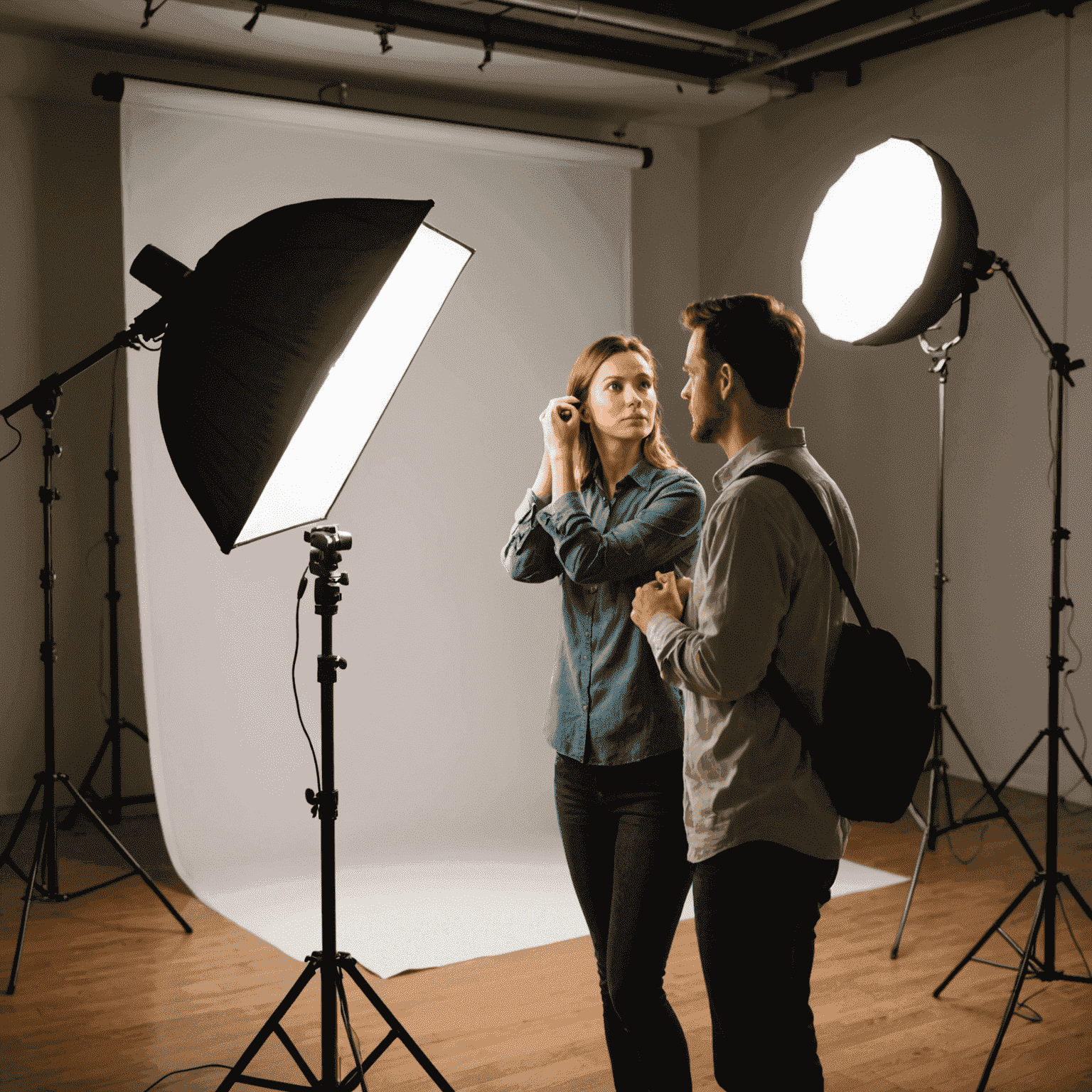 A photographer adjusting studio lights for a portrait session, demonstrating various lighting setups