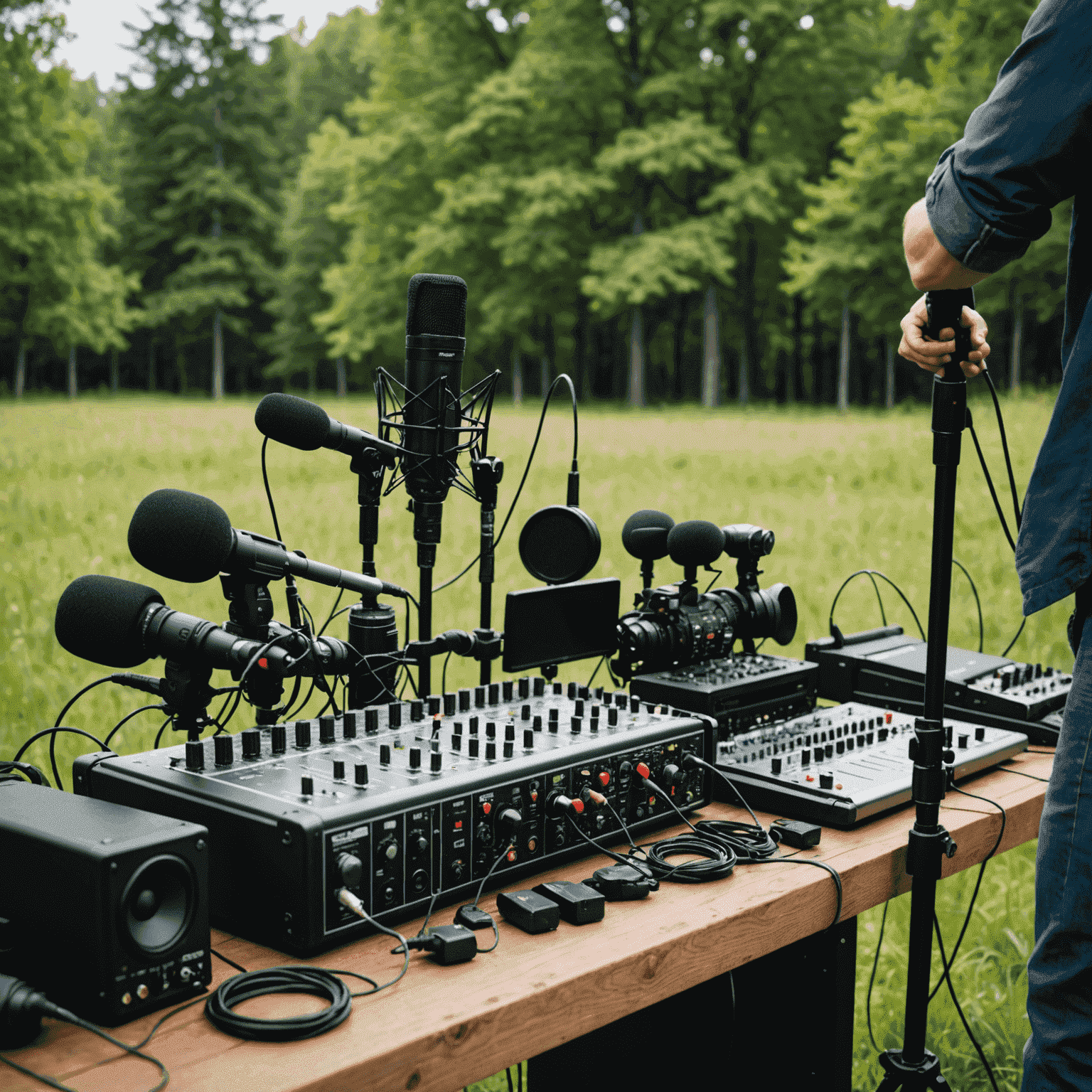 A sound engineer working with a videographer to set up professional audio equipment for an outdoor shoot. The image shows various microphones, a sound mixer, and headphones in a natural setting.