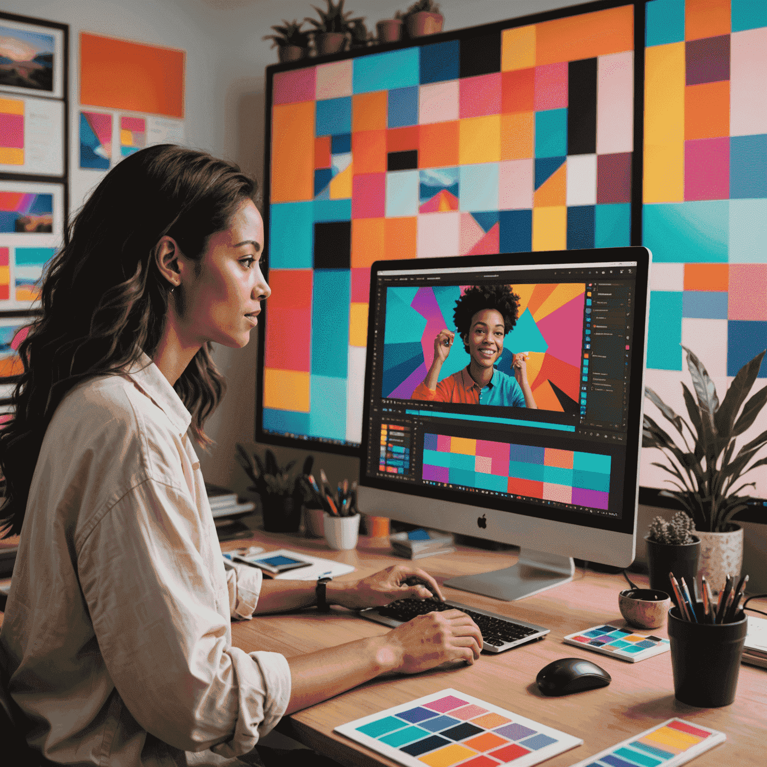 A content creator editing a vibrant video on a large screen, surrounded by color palettes and design elements