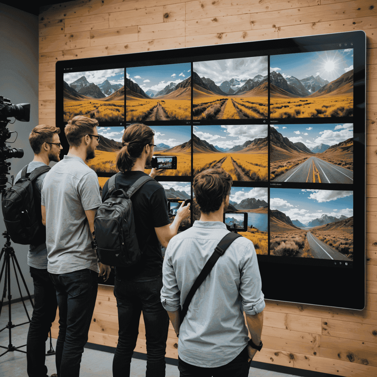 A group of photographers and videographers collaborating on a large touchscreen display, arranging digital portfolios with a mix of landscape, portrait, and action shots