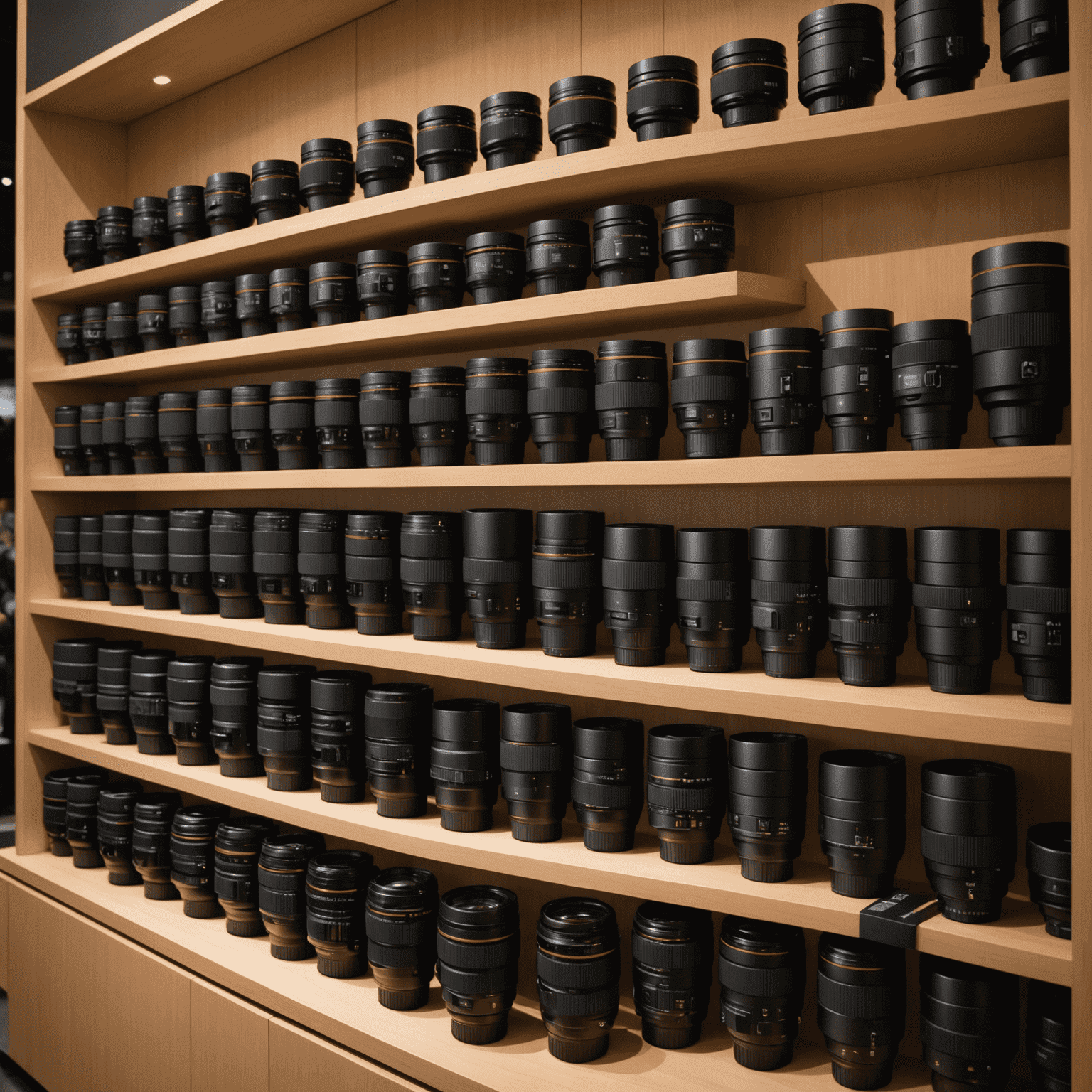 A display of various camera lenses arranged on a sleek, illuminated shelf. The lenses range from wide-angle to telephoto, showcasing the diversity of options available to photographers at the hannied_conference.