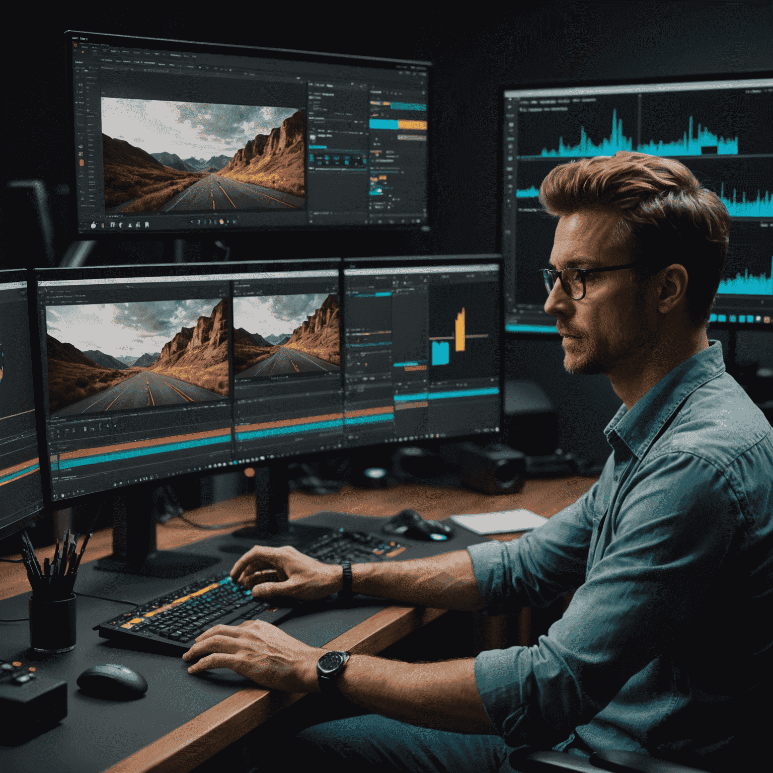 A professional colorist demonstrating node-based color grading in DaVinci Resolve, with vibrant before and after comparisons displayed on multiple monitors