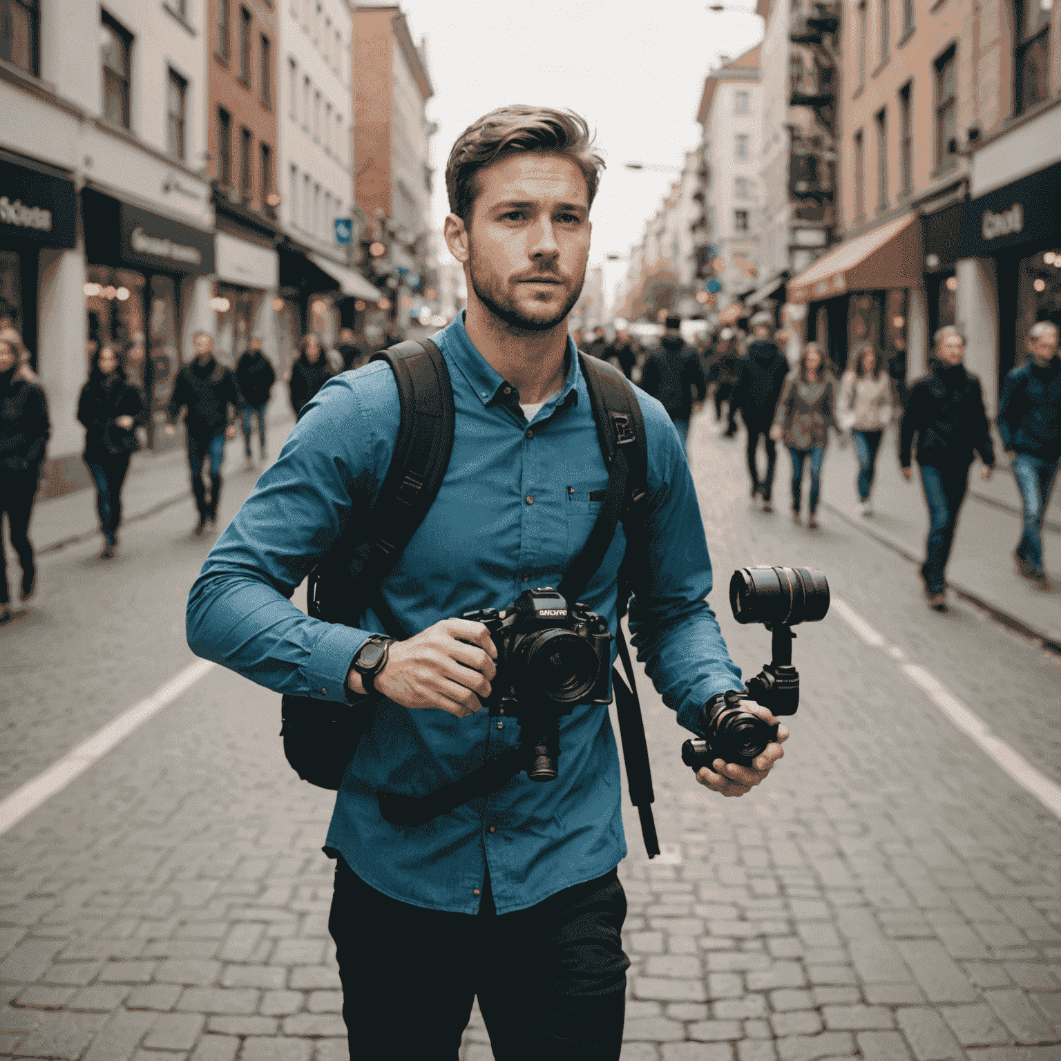 A videographer using a gimbal stabilizer to smoothly track a subject walking through a busy street, demonstrating advanced motion techniques