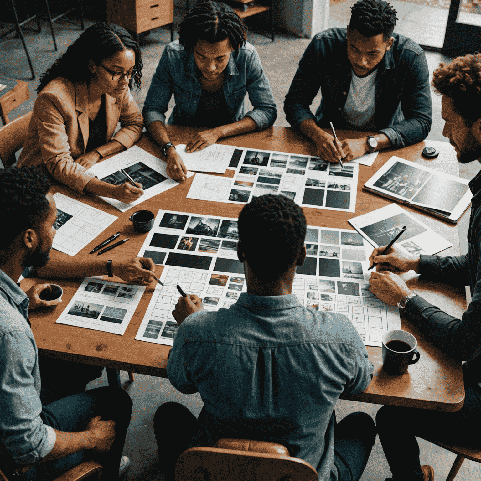 A diverse group of filmmakers collaborating on a storyboard, surrounded by mood boards, script pages, and a digital tablet displaying visual references. The scene emphasizes creative storytelling and pre-production planning.