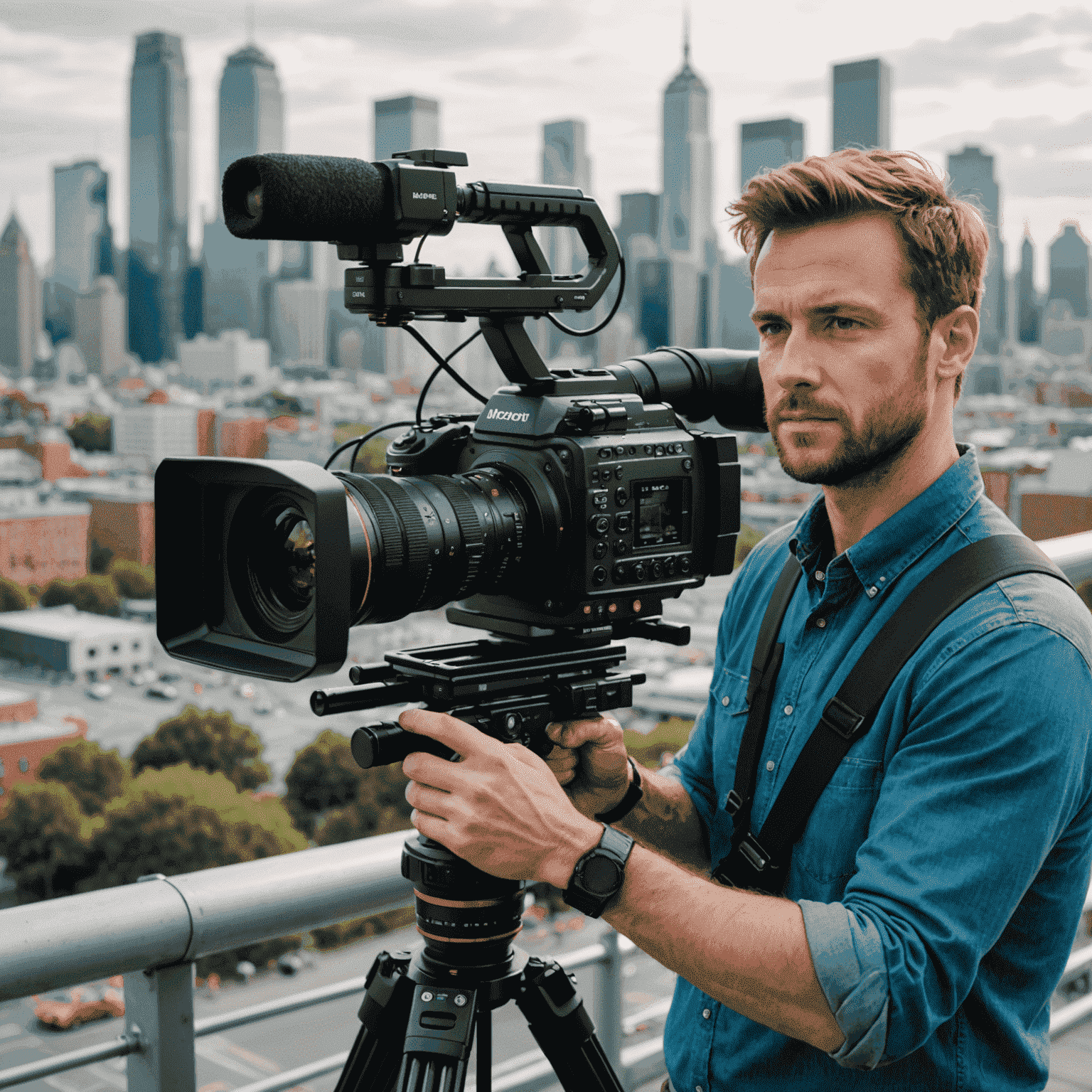 A videographer demonstrating an 8K-capable camera mounted on a stabilizer rig. The image shows the camera's large, high-resolution viewfinder displaying a vibrant 8K preview of a cityscape scene.