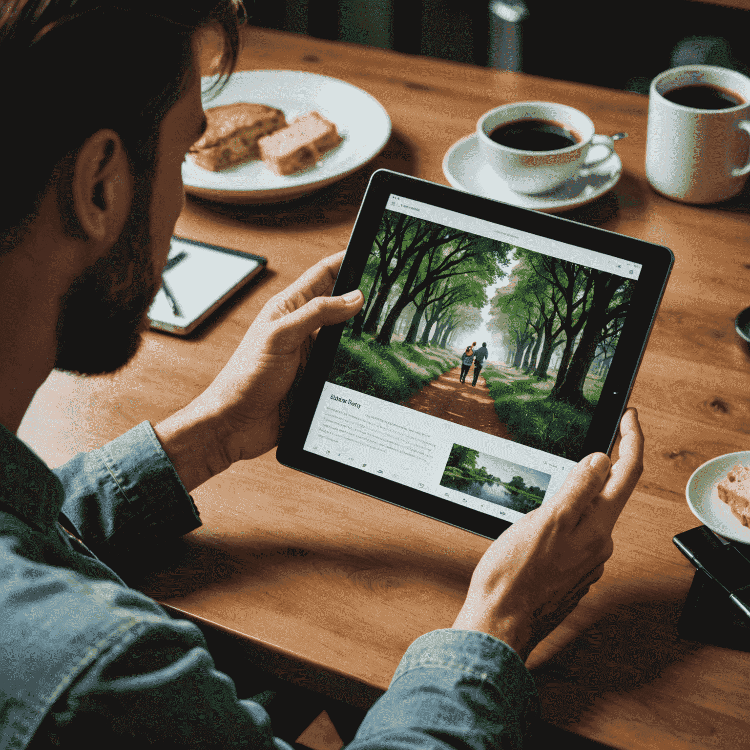 A content creator editing a photo on a tablet, applying creative filters and adjustments to enhance the storytelling aspect of the image