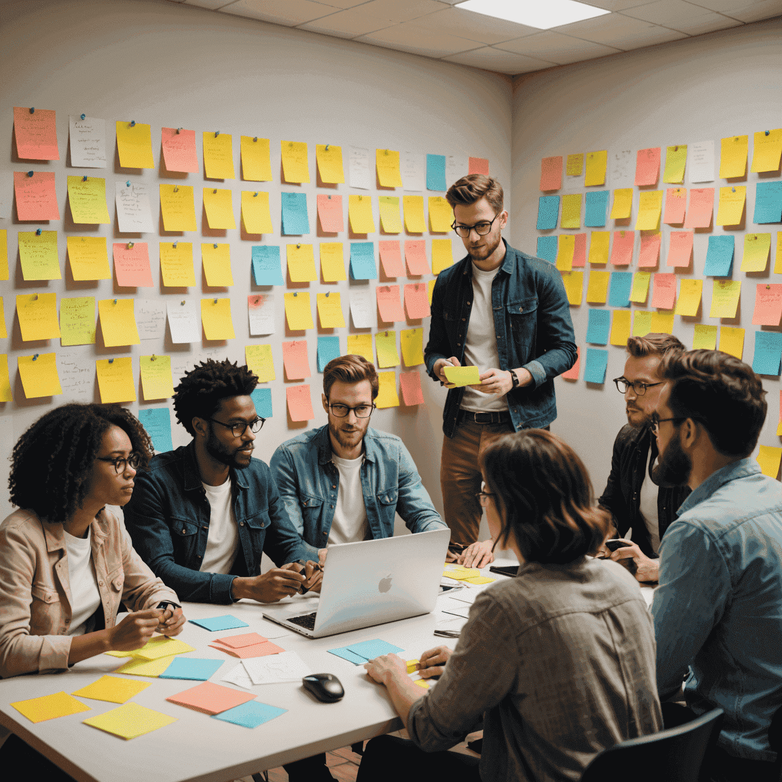 A diverse group of content creators brainstorming ideas with sticky notes on a wall, surrounded by cameras, laptops, and social media icons