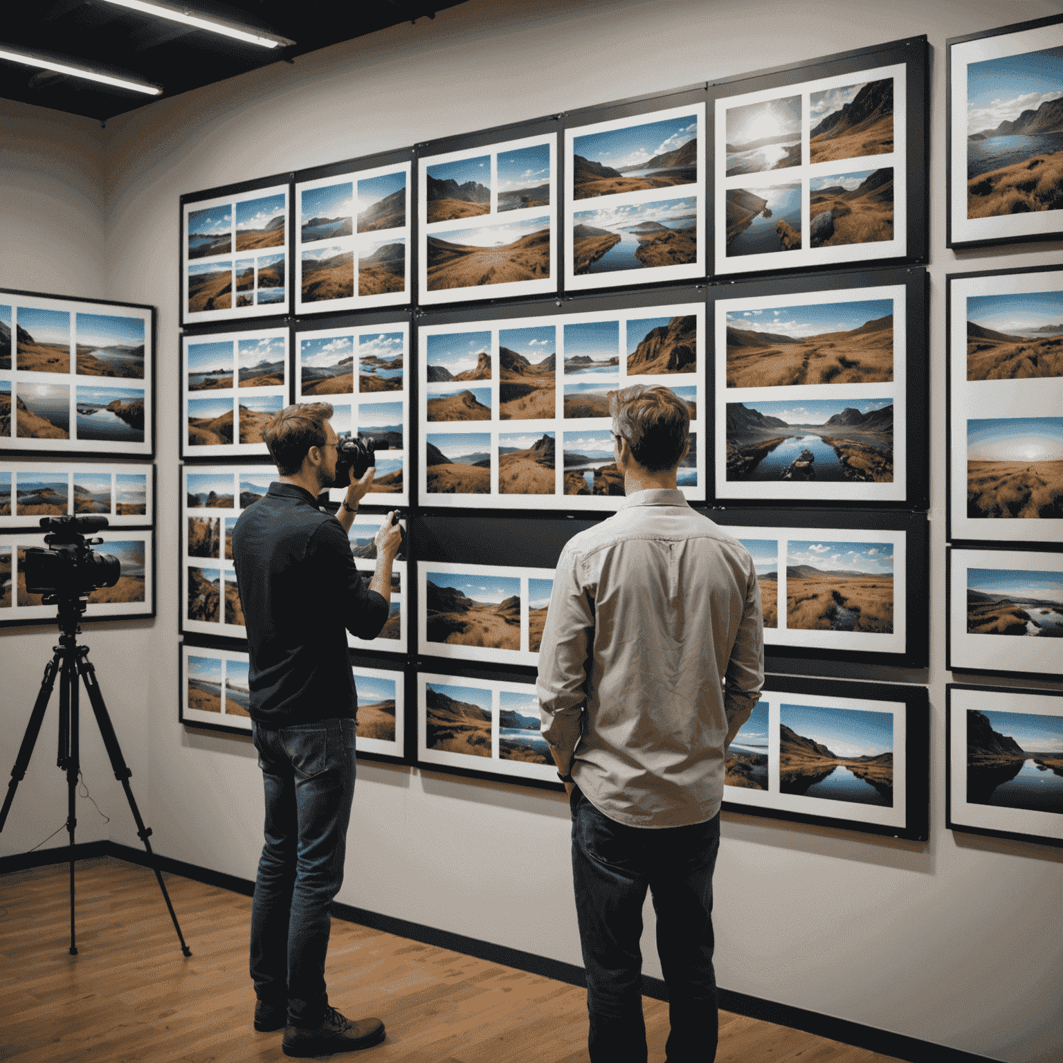 A professional photographer reviewing and selecting best photos on a large display, with printed portfolios and camera equipment nearby