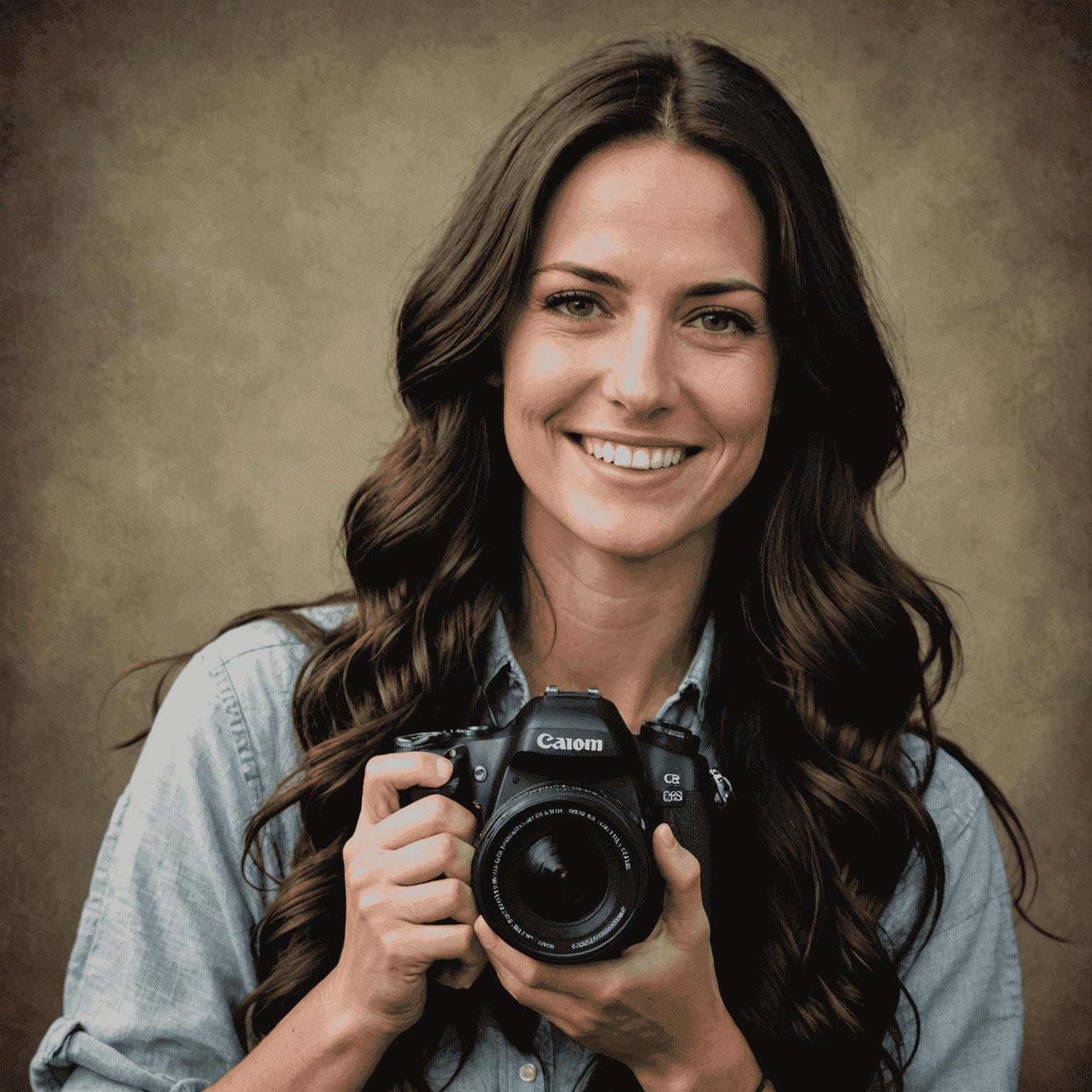 Portrait of Sarah Johnson, a professional photographer with long dark hair and a friendly smile, holding a camera
