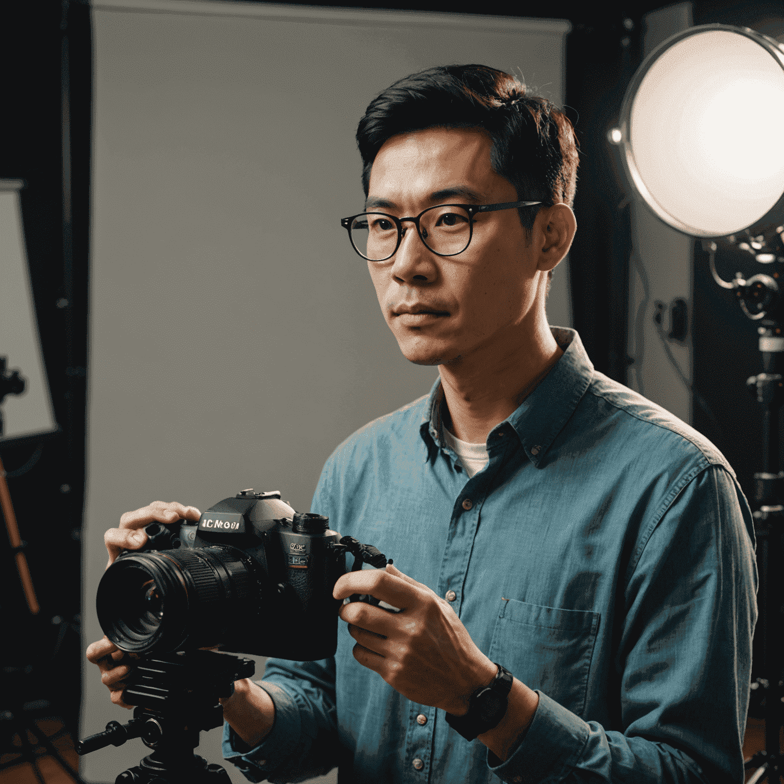 Portrait of Michael Chen, an experienced studio photographer with short black hair and glasses, adjusting lighting equipment