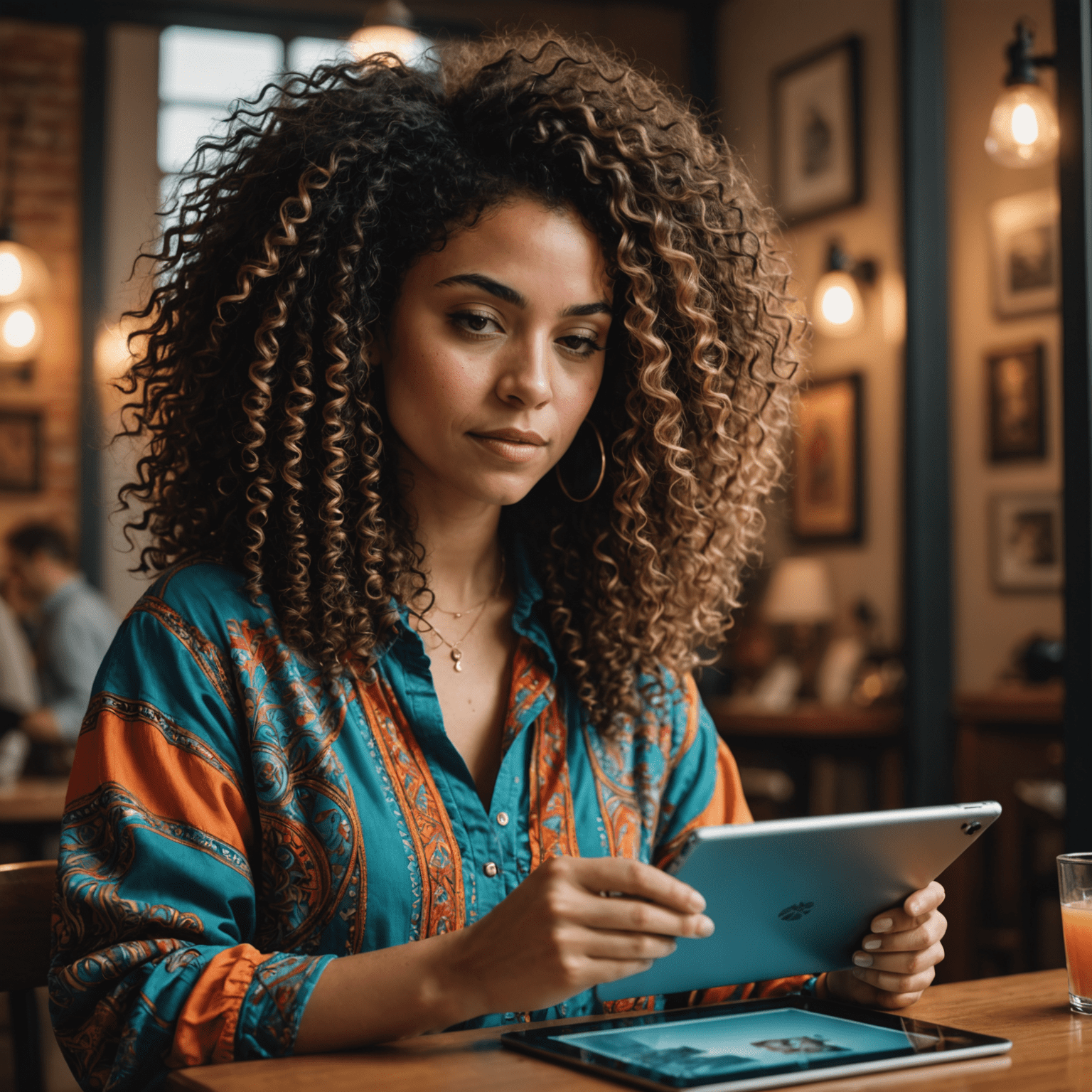 Portrait of Emma Rodriguez, a creative director with curly hair and vibrant clothing, reviewing photographs on a tablet
